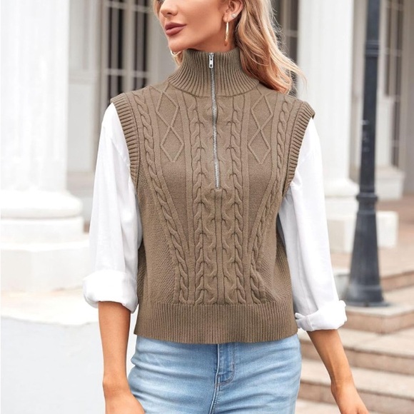 Half Zip Sweater Cable Knit Sleeveless Pullover - Picture 2 of 7